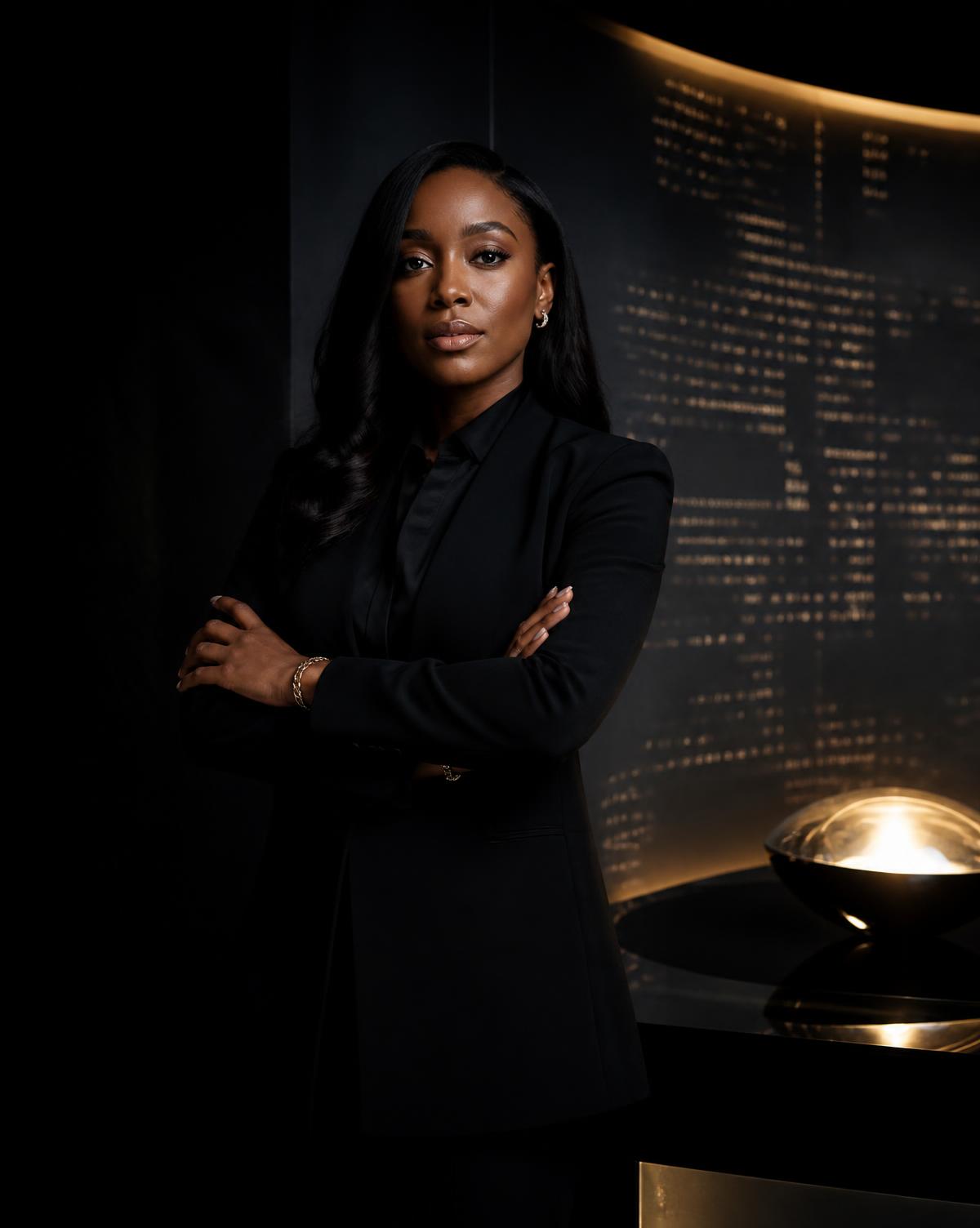 Technology founder in a dark editorial studio